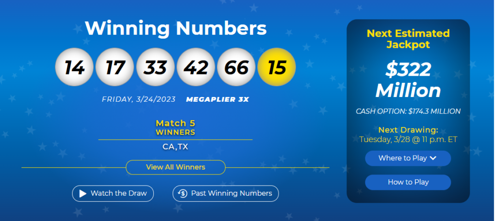 mega Million lottery - no jackpot winner 322 million