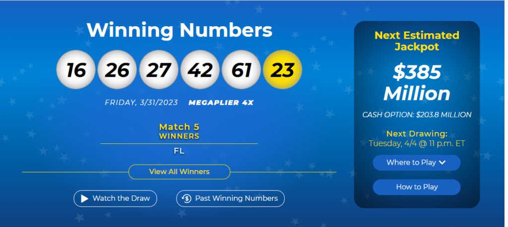 mega Million lottery - no jackpot winner 385 million