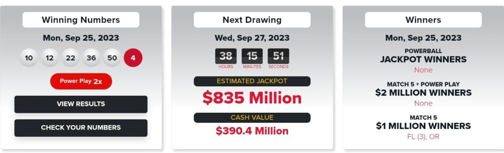 Powerball jackpot number 835 million on Wed